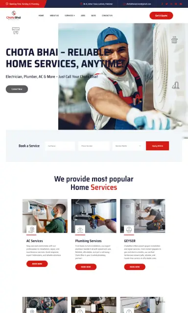 A comprehensive home services website offering professional AC, plumbing, electrical, appliance repair, pest control, and more — connecting users with reliable technicians for quick and affordable service bookings.