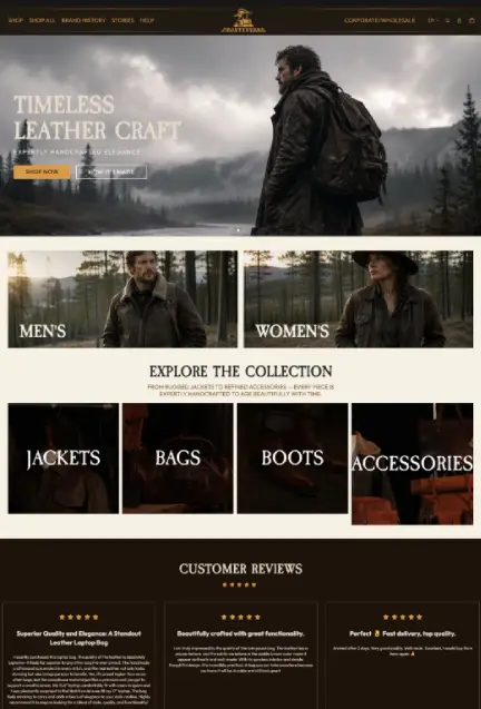 A premium e-commerce website for Frontineers, a leather craftsmanship brand offering handcrafted jackets, bags, boots, accessories, and outdoor gear inspired by frontier heritage and aviation culture. The site combines a bold, editorial aesthetic with a seamless shopping experience that highlights craftsmanship, materials, and timeless design.