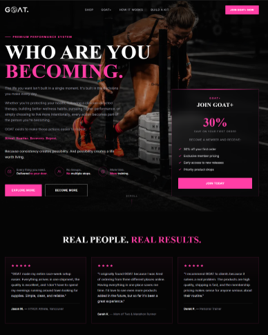 A modern e-commerce platform for GOAT Precision, a Canadian performance and wellness brand offering precision tools, training essentials, recovery products, and curated bundles designed for athletes and high-performance lifestyles.