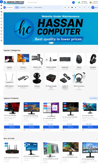 A digital storefront offering a variety of tech products and electronics including monitors, accessories, and PC gear — designed to showcase deals and inventory for online shoppers.
