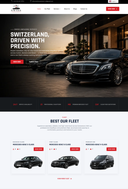A premium transportation website for Swiss Limousine Service, a Switzerland-based chauffeur company offering luxury airport transfers, city-to-city travel, corporate transportation, and VIP chauffeur services with professional drivers and a premium Mercedes fleet.