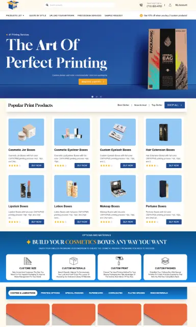 A custom packaging and box printing web interface showcasing tailored solutions for branded and product‑specific printed boxes — focused on high‑quality packaging design and production for businesses of all sizes.