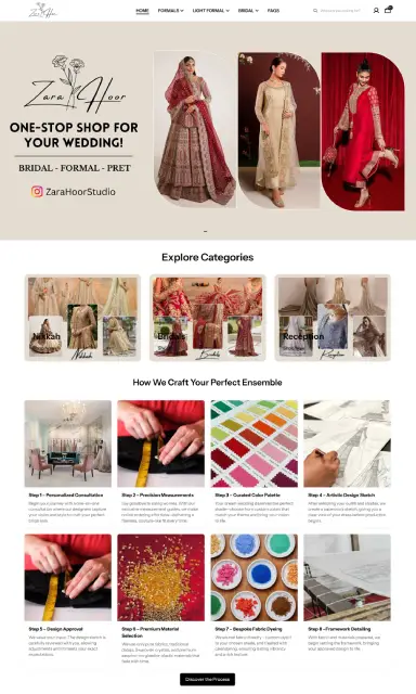 A modern e-commerce platform showcasing a variety of fashion categories including formals, bridal, and seasonal styles — complete with shopping, blogs, FAQs, and contact features for an engaging online shopping experience.
